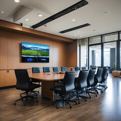 A photo of a modern office with a large conference table in the foreground. The table is surrounded by comfortable chairs and there is a large flat-screen TV on the wall.