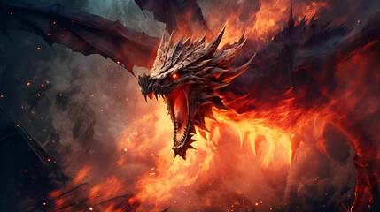 Fire breathes explode from a giant dragon in a black night the epic battle evil concept art fire background
 - obrazy, fototapety, plakaty