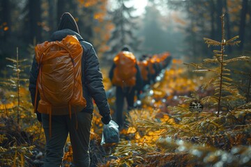 A man with a large orange backpack ventures through a stunning autumnal forest, with sunlight peeking through the foliage