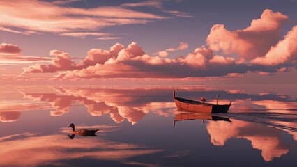 sunset, boat , tree,Bird Flying