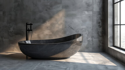 An oval-shaped bathtub in the bathroom. Modern interior. Simplicity