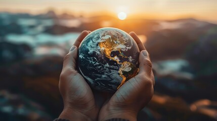 A person is holding a globe in their hands. The globe is surrounded by mountains and the sun is setting in the background. Concept of wonder and appreciation for the beauty of the world - obrazy, fototapety, plakaty
