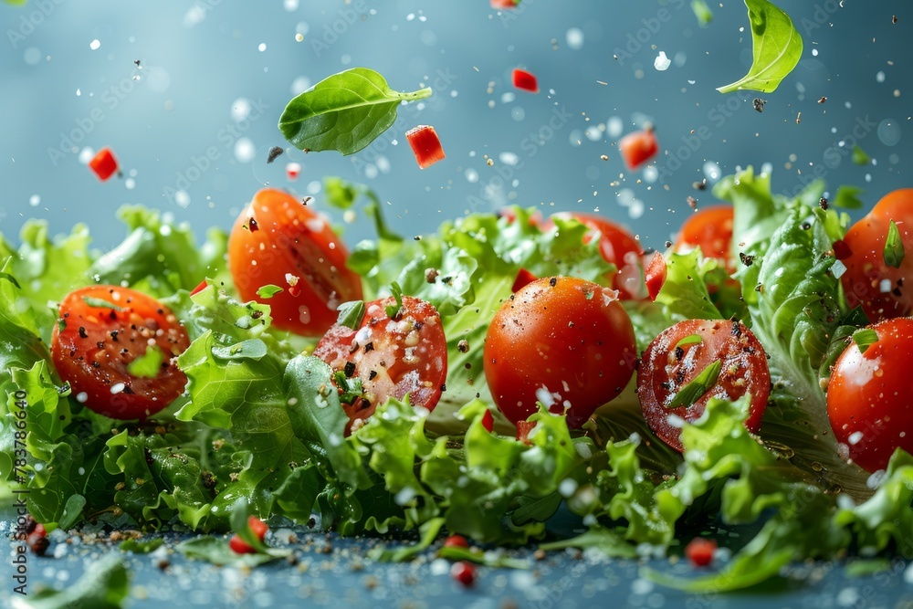Poster energetic image of a fresh salad with juicy tomatoes and spices captured as they are sprinkled, crea