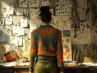 A woman stands in front of a wall of drawings and paintings. She is wearing an orange sweater and green pants. The room is filled with art supplies, including paintbrushes, scissors, and a vase