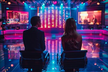Two TV show judges sitting, facing a vibrant studio stage set, builds anticipation for upcoming performances - obrazy, fototapety, plakaty
