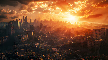 Post apocalypse after war or earthquake, apocalyptic destroyed city - obrazy, fototapety, plakaty