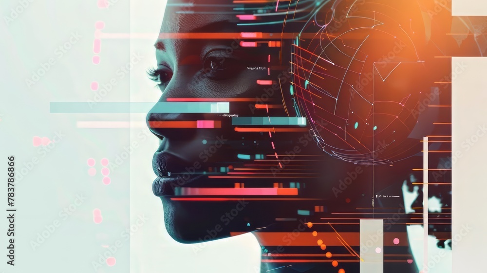 Poster a woman's face is shown in a computer generated image with a lot of lines and colors. the image is a