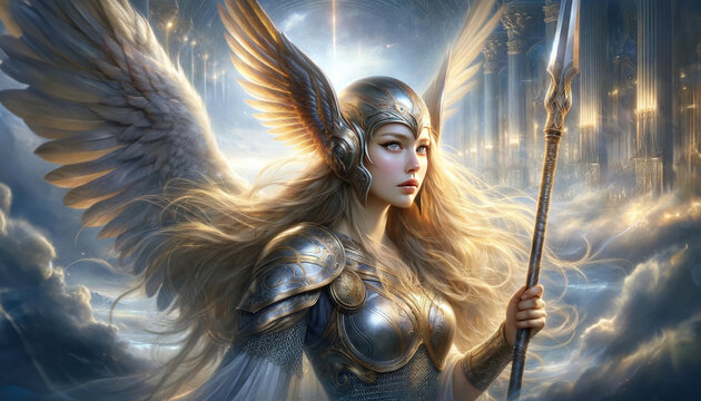 Title: "Celestial Valkyrie in Gleaming Armor, Sovereign of the Ethereal Sky Realm