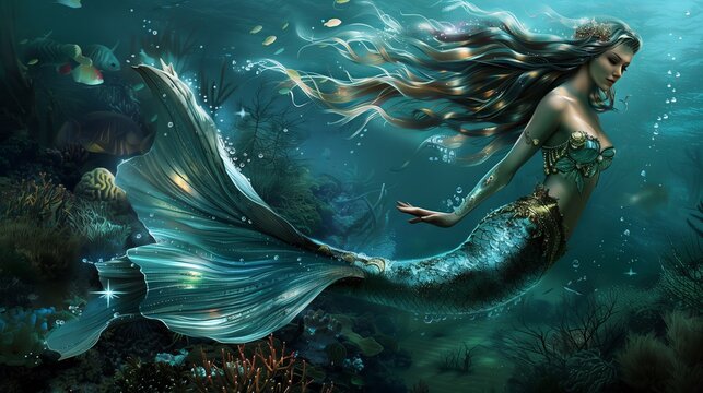 Oceanic Siren in a Shimmering Tail, Queen of the Sunken Coral Kingdom