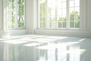 Sunfilled empty room with many windows in a woodbuilt house