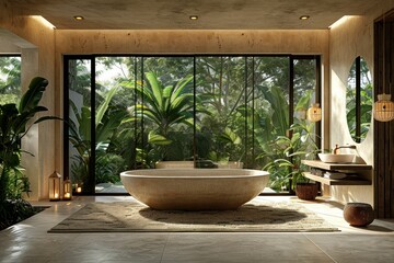 Luxurious stone bathtub in a bathroom overlooking lush greenery through a large window