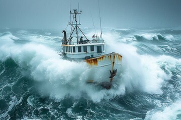 A dramatic scene of a fishing boat braving the high stormy waves in turbulent ocean waters The image captures the intensity of nature