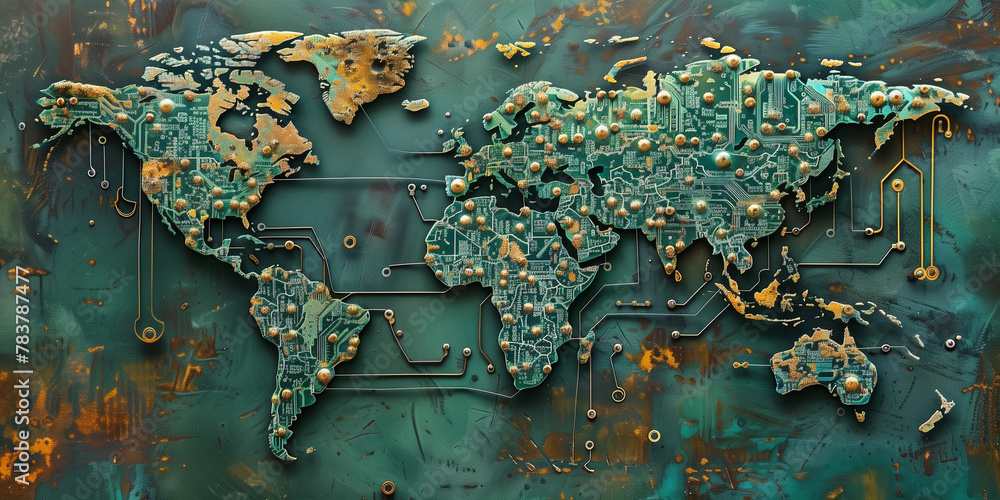 Poster a world map made of printed circuits, representing the global network and connections, data transmis