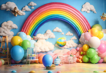 Decorated children's room. Rainbow, clouds and colorful balloons on blue wall.