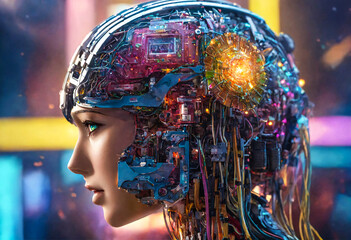 Humanoid robotic woman with artificial intelligence. Side view close-up.