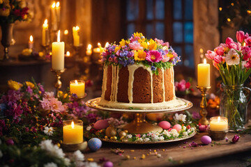 Easter cake in plate on decorated table with colorful holiday eggs, natural flowers and burning wax...