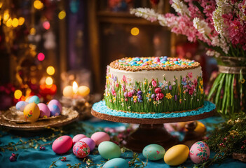 Easter cake in plate stand on decorated table with colorful holiday eggs and natural flowers. Christian traditional holiday food.
