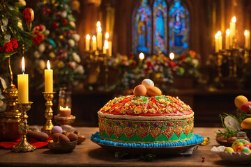 Easter cake in plate on decorated table with colorful holiday eggs and burning wax candles.