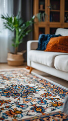 Close-up of a patterned area rug in a bohemian-style living room, scandinavian style interior