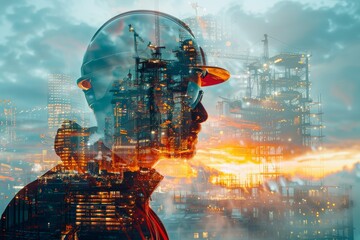 Haunting composite of a bustling cityscape superimposed on the silhouette of a human head, evoking themes of urbanization and humanity - obrazy, fototapety, plakaty