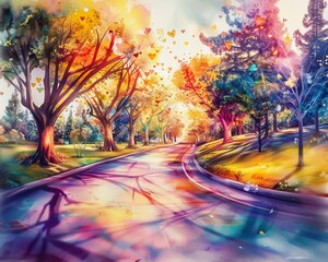 A 3D street winding through a forest, lined with trees shaped like hearts, portraying natures love and tranquility