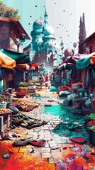 A bustling marketplace street in 3D, where each vendors stall is heartthemed, symbolizing the love in everyday commerce