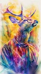 A calm deer in a judge s robe, overseeing a peaceful forest dispute, depicted in gentle watercolor tones - obrazy, fototapety, plakaty