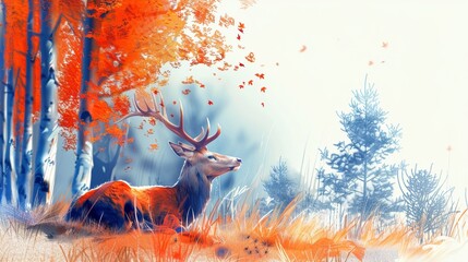 A calm deer sitting in a misty forest clearing, rendered in delicate watercolors, highlighting serenity and solitude