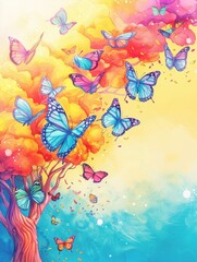 A cluster of meditating butterflies on a sunlit meadow, illustrated in watercolor, showing lightness and transformation