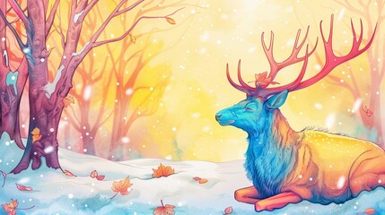 A dignified stag meditating in a snowy forest, with a watercolor winter background, illustrating stillness and majesty