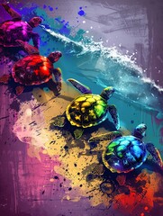 A group of turtles meditating on a sandy beach, with gentle watercolor waves washing over their shells, illustrating calm and stability