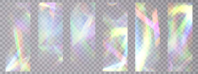 Rainbow light rays, lens flare, reflection effect from crystal, glass or gem. Vector realistic illustration set of light leak effect with spectrum glare, prism refraction, lens flare	