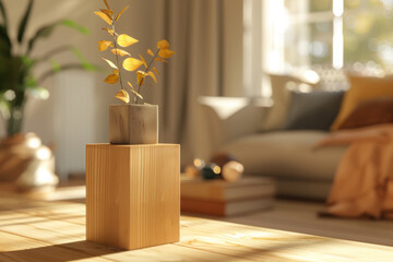 A 3D scene with a blurred background featuring a cozy living room setting, featuring comfortable furniture, soft lighting, warm colors, and use a close up setting on the foreground.