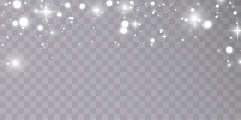 Bokeh and glitter effect on a transparent background. An elegant combination of blurred points of light and shimmering particles creates an atmosphere of Christmas magic and celebration. - obrazy, fototapety, plakaty