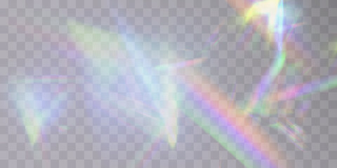 Crystal rainbow light and transparent glare effects. Background overlay. Triangular prism concept. Vector