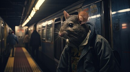 Rat spirit navigates the subways of the afterlife, connecting realms, realistic ,  cinematic style.