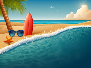Summer-time vector banner design. It's summer-time text with beach elements like a surfboard, lifebuoy, sunglasses in the sea, and a sand background design. - obrazy, fototapety, plakaty