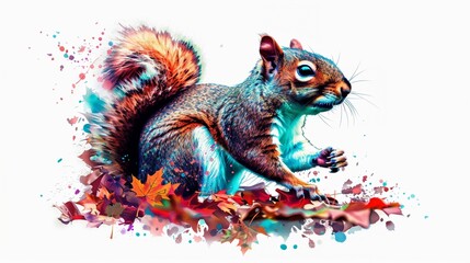 A playful squirrel meditating amidst autumn leaves, depicted in vibrant fall watercolors, highlighting change and peace