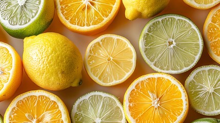 Fresh Citrus Fruits Sliced on Orange Background - obrazy, fototapety, plakaty