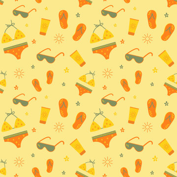 Colorful seamless summer pattern with hand drawn beach elements such as sunglasses, flip flops, swimsuit, sun, sand. Fashion print design, vector illustration