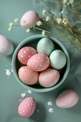 Pastel Easter Eggs Decorated with Pink and White Polka Dots in a Ceramic Bowl on Table