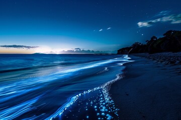 A bioluminescent tide washing over a beach at night, leaving glowing trails in the sand - obrazy, fototapety, plakaty