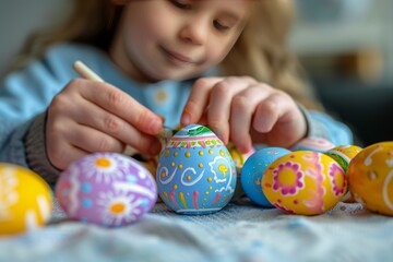Easter egg decorating activity by children, captured in detail, against a plain background suitable for text