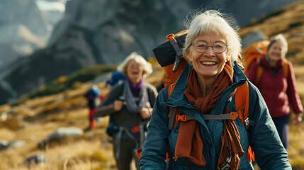 group of active senior citizens outside hiking in mountain with backpack smiling and looking at camera - obrazy, fototapety, plakaty