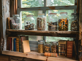 A wooden shelf filled with old books, jars, and containers.