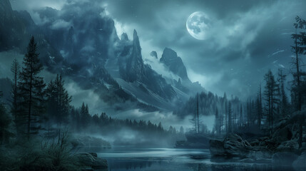 mystery forest with full moon and foggy mountains, Halloween backdrop.