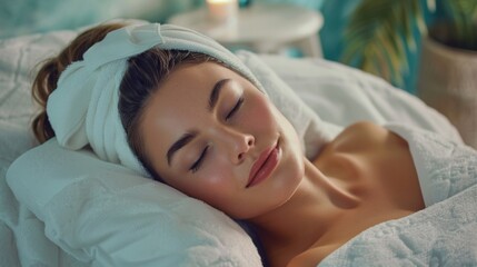 facial treatment with a focus on relaxation, a model sleeps soundly on a spa bed after a rejuvenating facial - obrazy, fototapety, plakaty