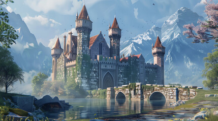 fantasy medieval castle in forest with river and snow mountain