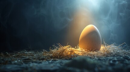 A solitary Easter egg under a spotlight, hinting at the joy of a family hunt, on a plain background for easy text placement - obrazy, fototapety, plakaty