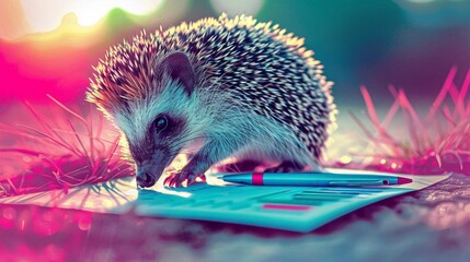 Hedgehog with a pen, writing a business proposal, on white